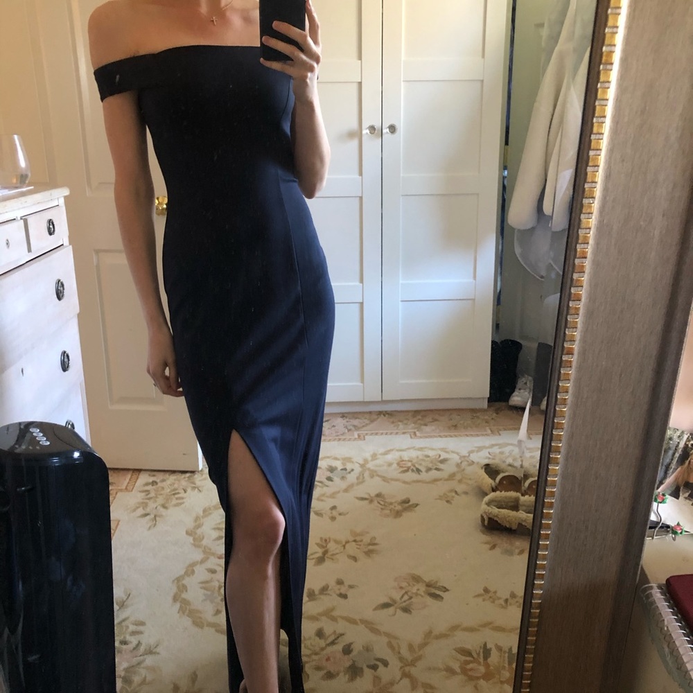 Nicholas navy off the shoulder dress